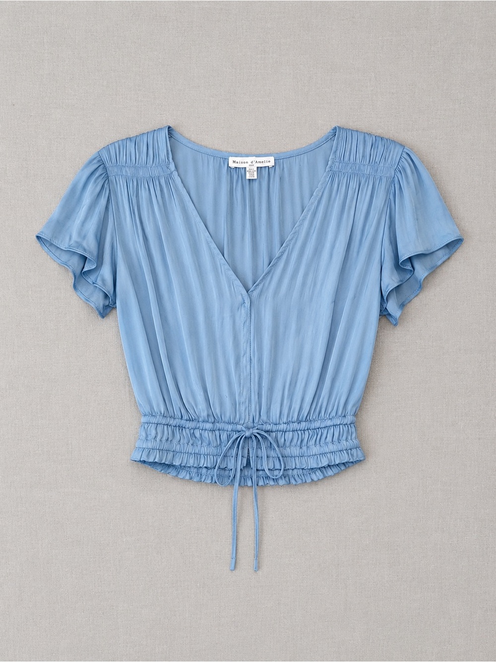 Maison Jules Light Blue V-Neck Flutter Sleeve Smocked Blouse Waist Top